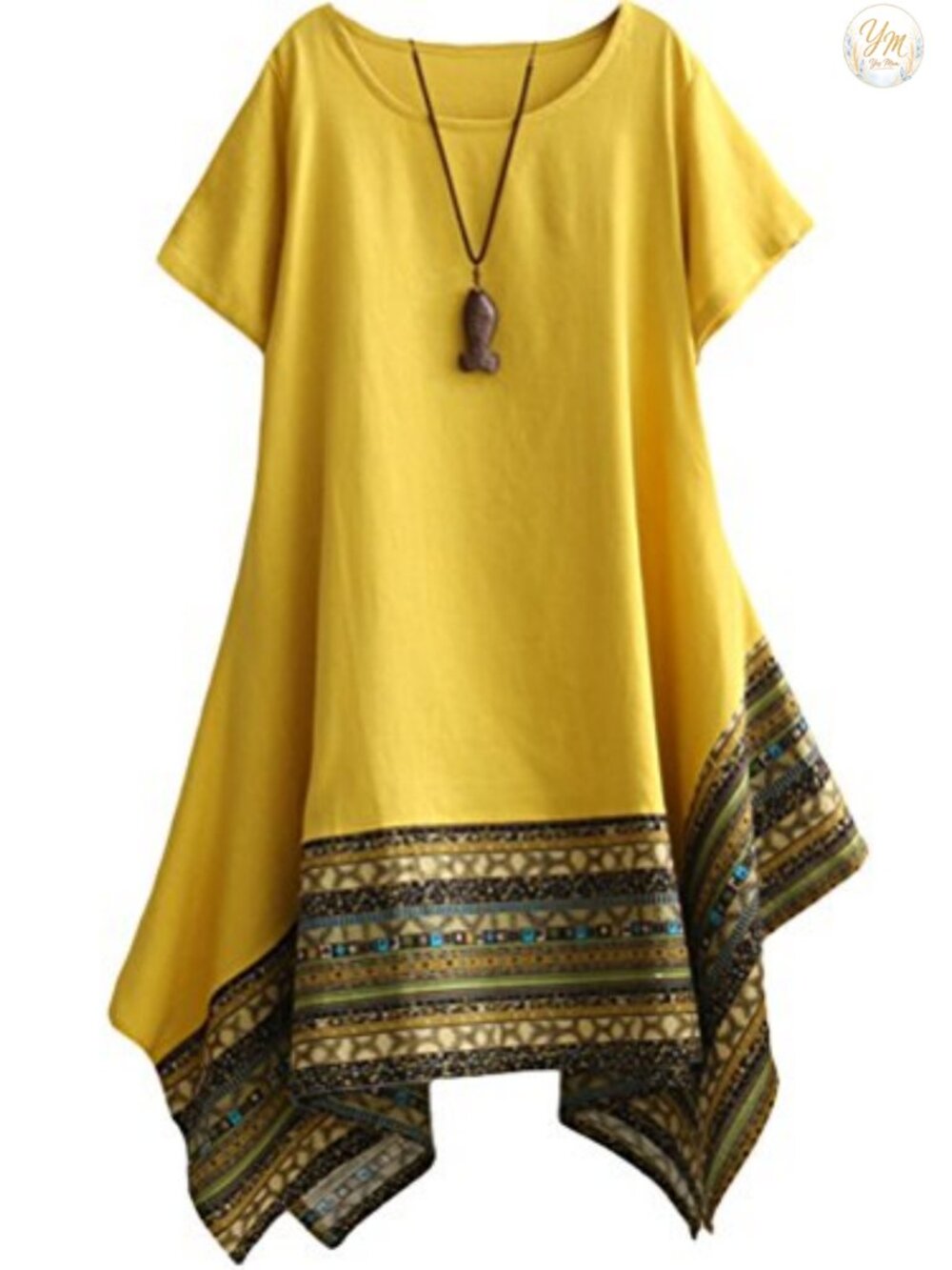 Cotton Linen Short Sleeve Tunic Dress Boho Asymmetrical Hem